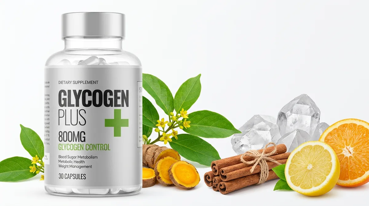 Frasco de Glycogen Plus junto a cúrcuma, cristales, canela y cítricos, parte de sus ingredientes declarados