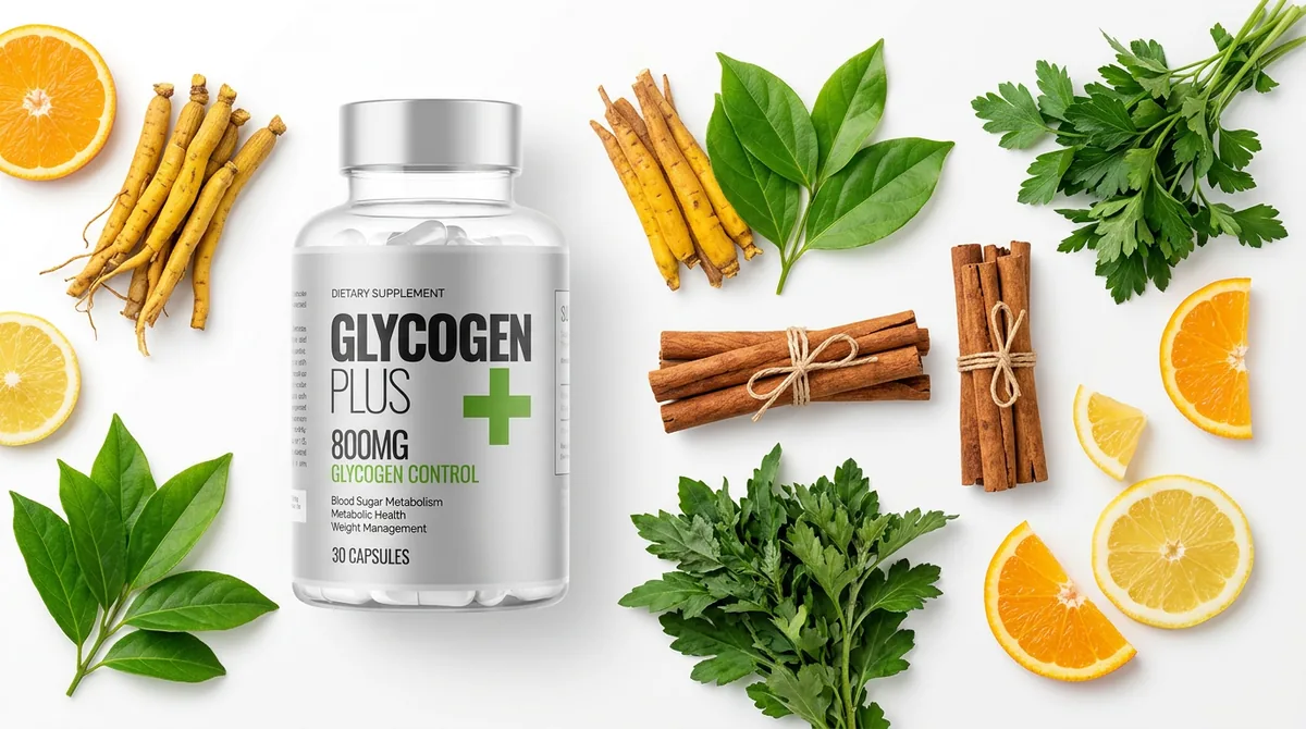 Frasco de Glycogen Plus rodeado de raíces, canela, perejil y cítricos que representan su composición vegetal