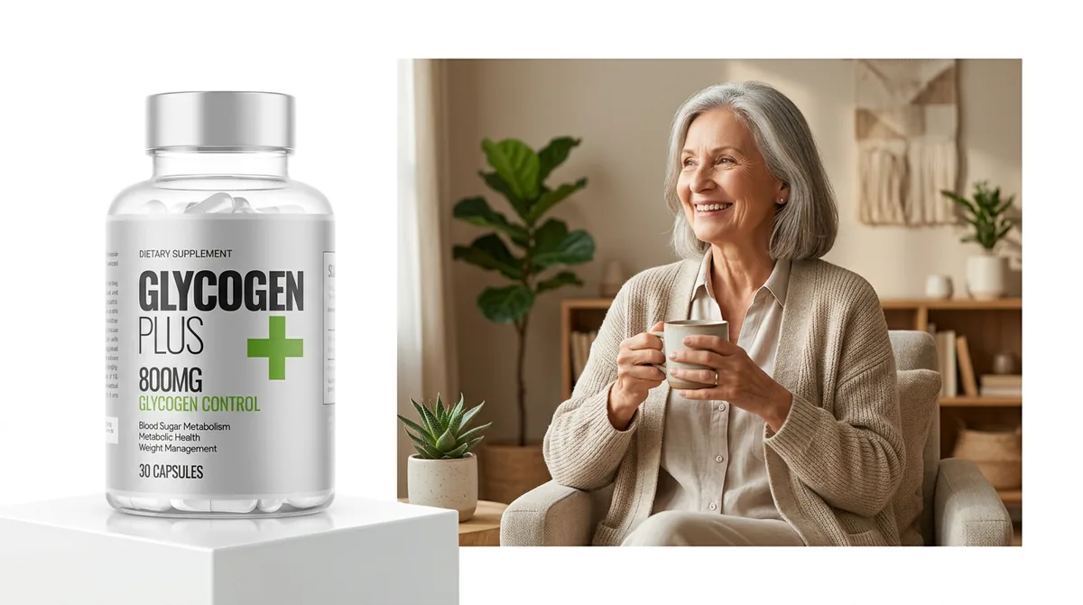 Mujer adulta tomando una infusión en casa, junto al frasco de Glycogen Plus