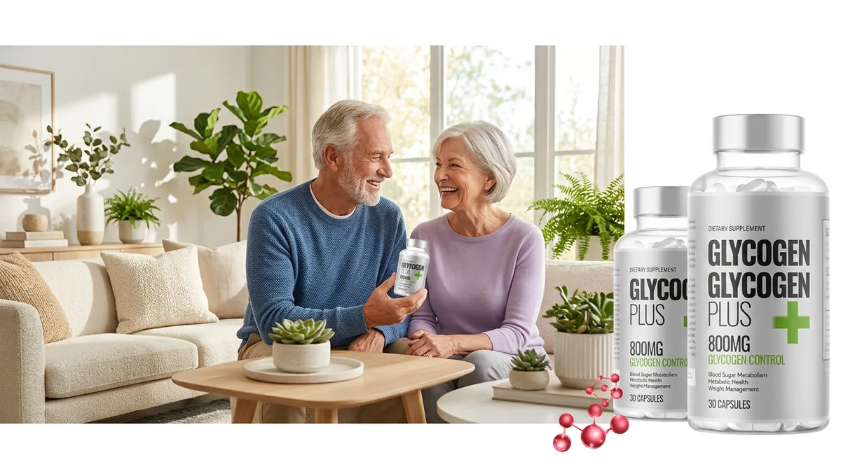 Pareja adulta en casa con el frasco de Glycogen Plus, dentro de una rutina diaria