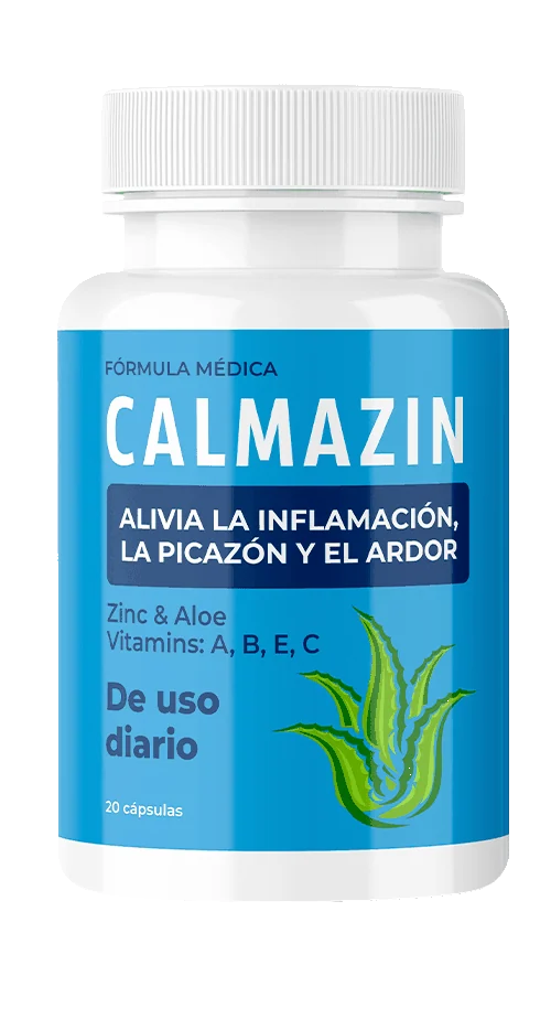 Frasco de Calmazin, fórmula con zinc, aloe vera y vitaminas A, C y E