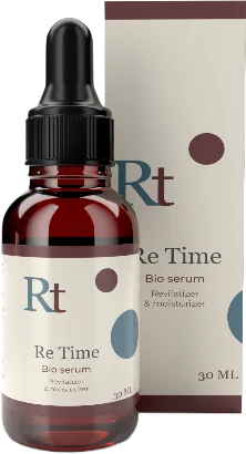 Frasco con gotero de ReTime Serum, fórmula con ácido hialurónico, argireline y ceramidas