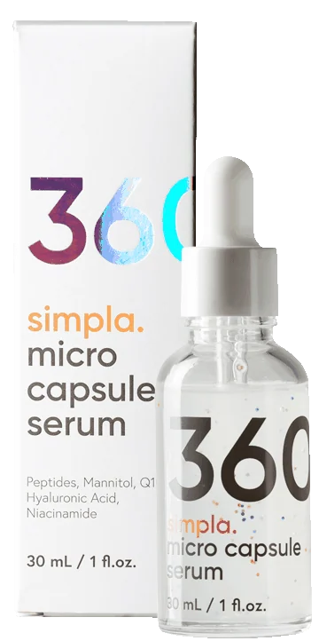 Frasco con gotero de Simpla 360, sérum con péptidos, ácido hialurónico y niacinamida