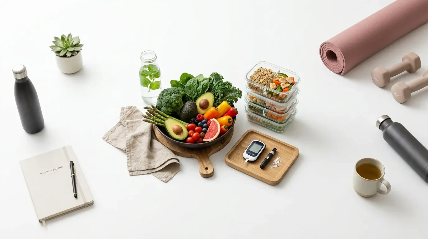 Mesa con verduras frescas, comida preparada, glucómetro, cuaderno y material de actividad física
