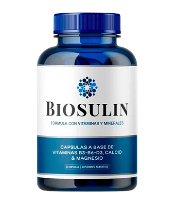 Frasco azul de Biosulin, suplemento alimenticio en cápsulas