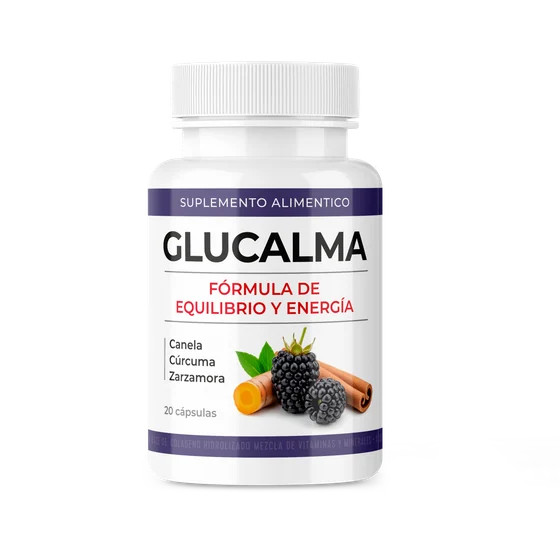 Frasco de Glucalma, suplemento alimenticio en cápsulas con seis extractos vegetales